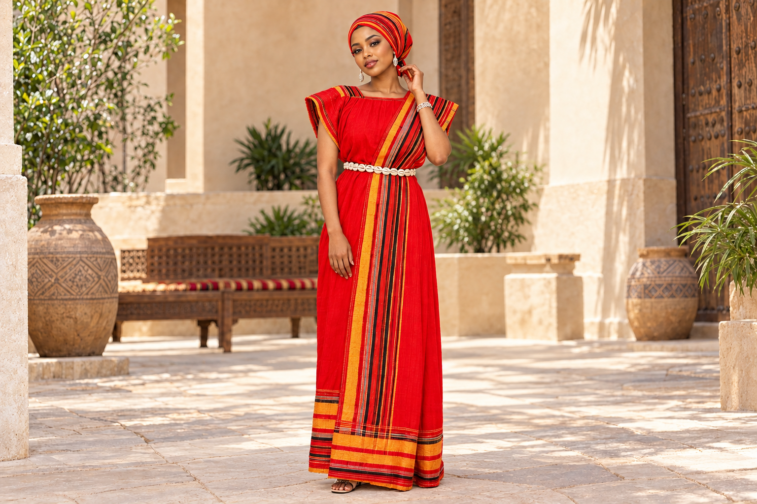 Woman wearing a full-length red dress with gold and black stripes, matching headwrap, white shell belt and silver-toned jewelry in a sunlit courtyard