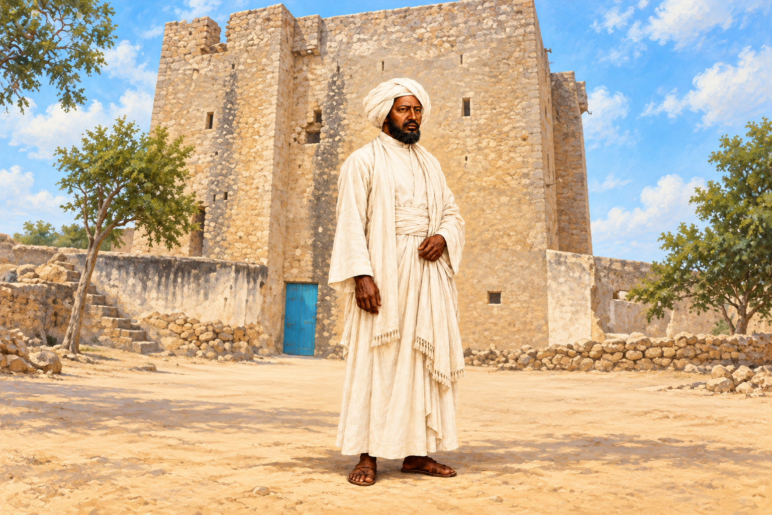 Full-body interpretive portrait of Sayyid Mohamed Abdulle Hassan in ivory robes and a white turban