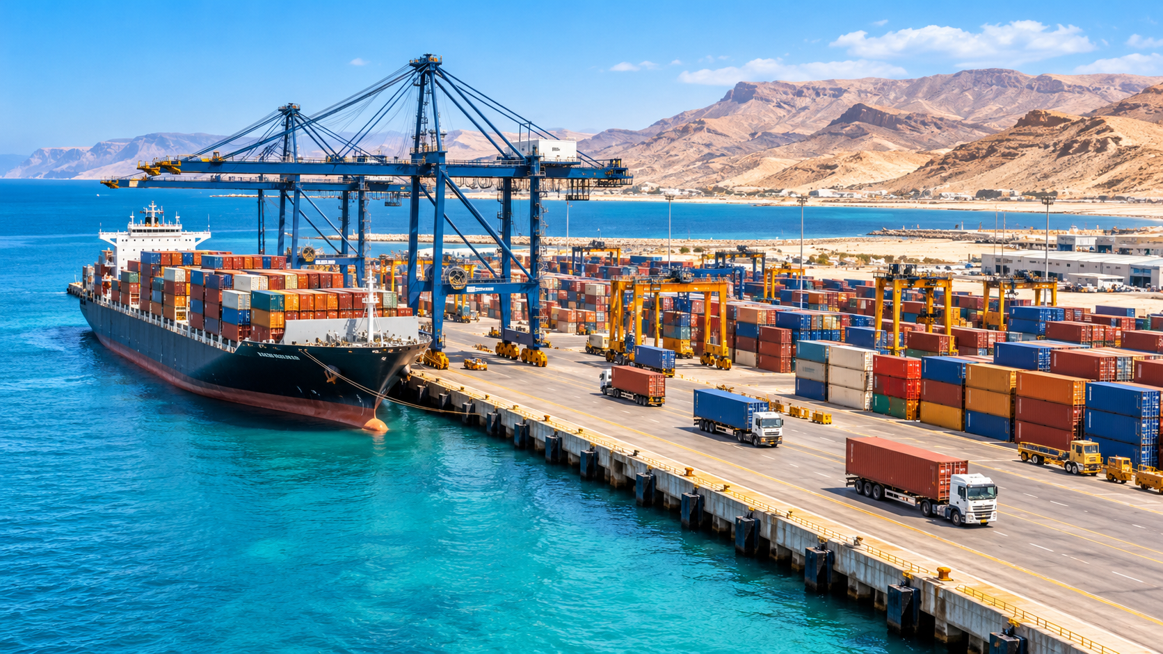 Editorial illustration of a sunlit container port with turquoise water, cargo cranes and freight trucks