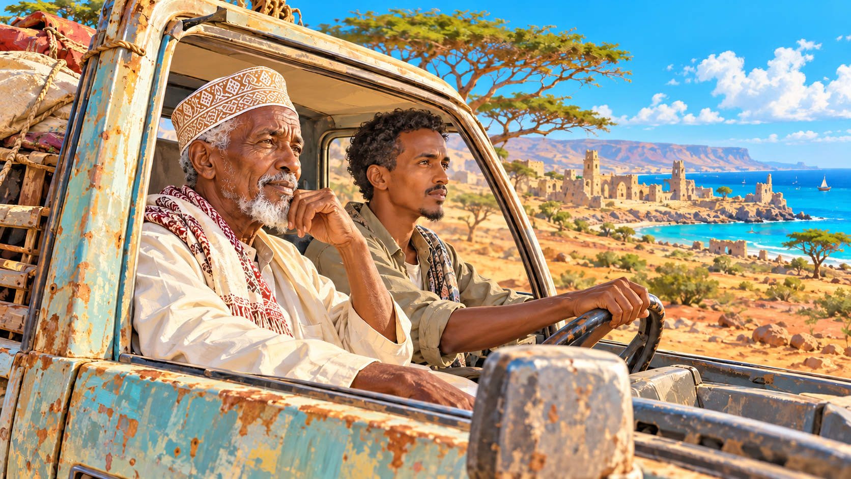 Illustration of Warsame and Liban travelling in an old truck through a sunlit Somali coastal landscape.