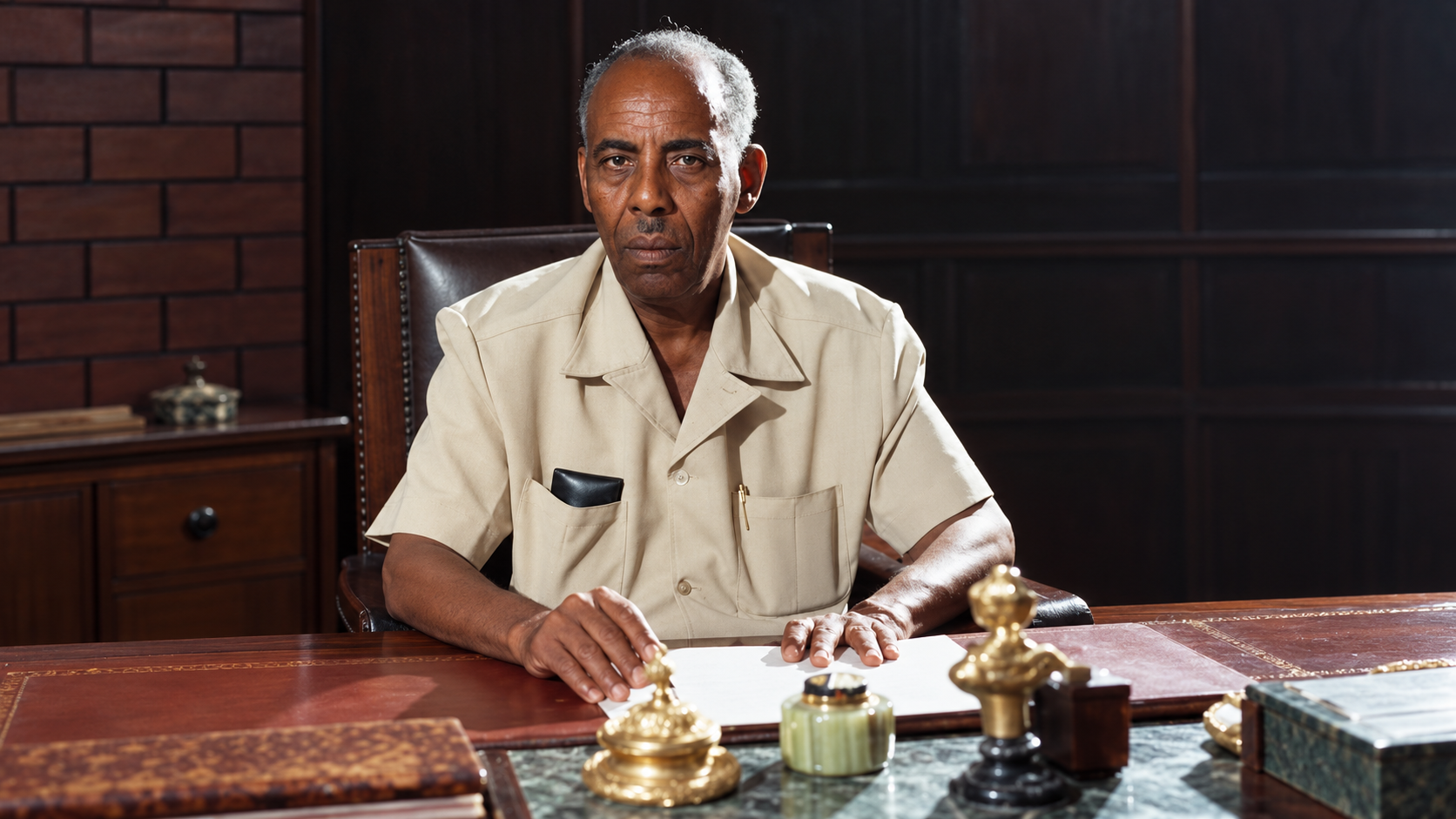 Enhanced horizontal portrait of Mohamed Siad Barre seated at his desk