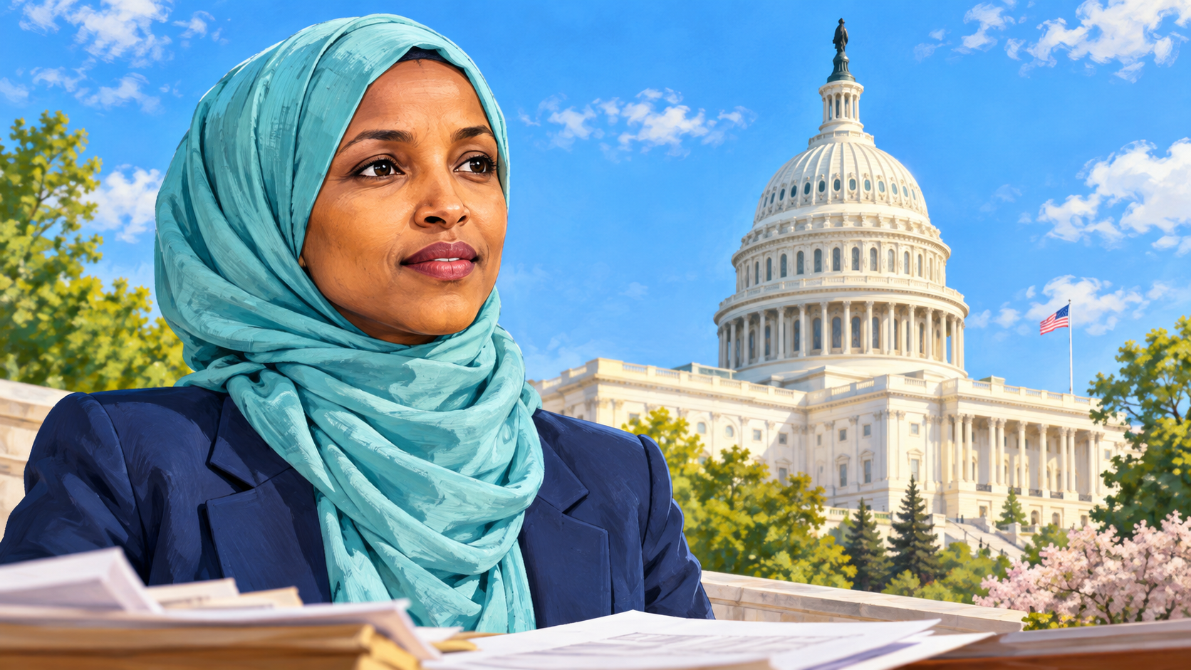 Bright editorial illustration of Ilhan Omar with the U.S. Capitol in the background.