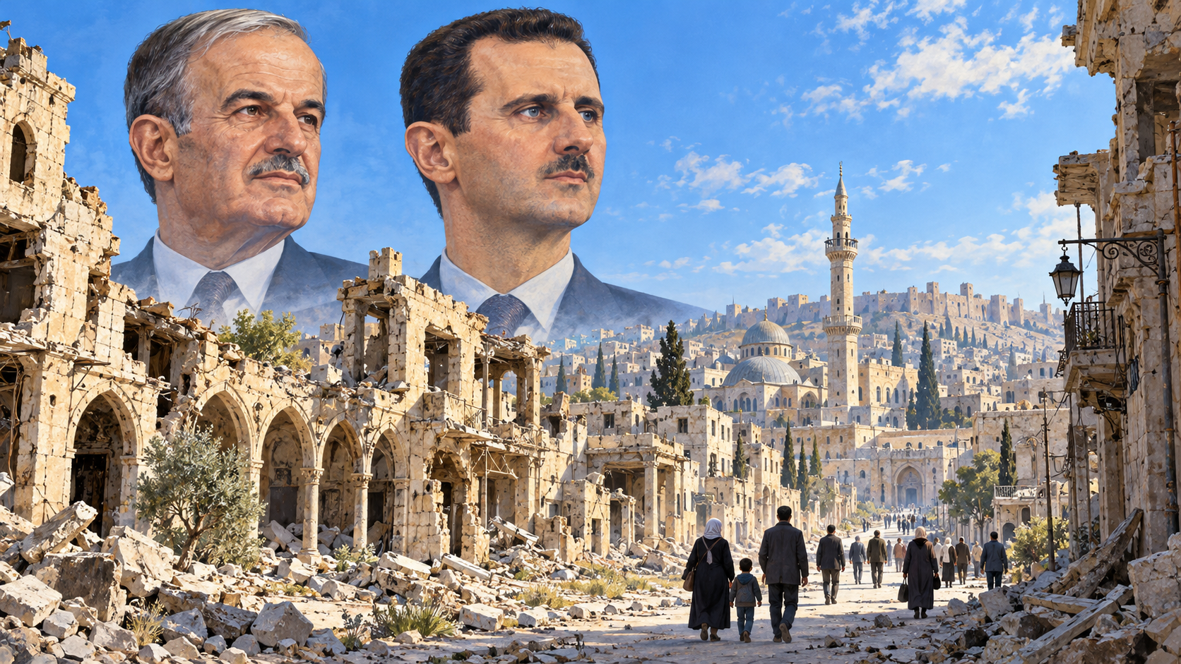 AI-generated editorial illustration of Hafez and Bashar al-Assad above a damaged Syrian city in bright daylight