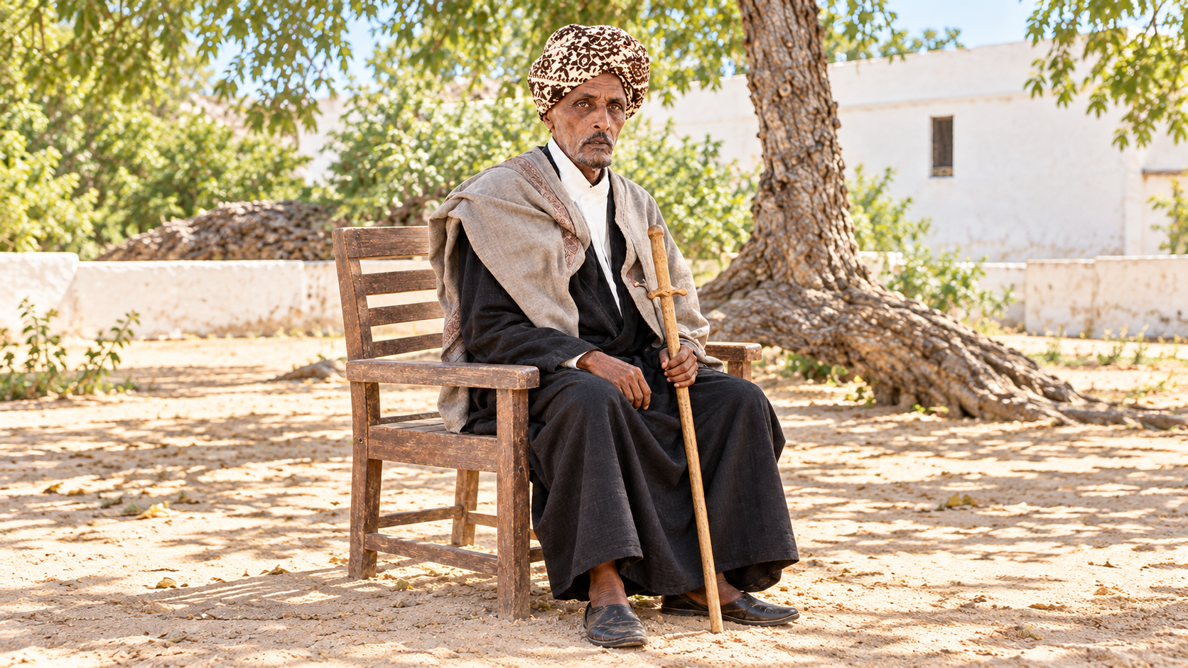 Horizontal reconstructed color portrait of Sultan Mohamoud Ali Shire, showing his complete seated figure