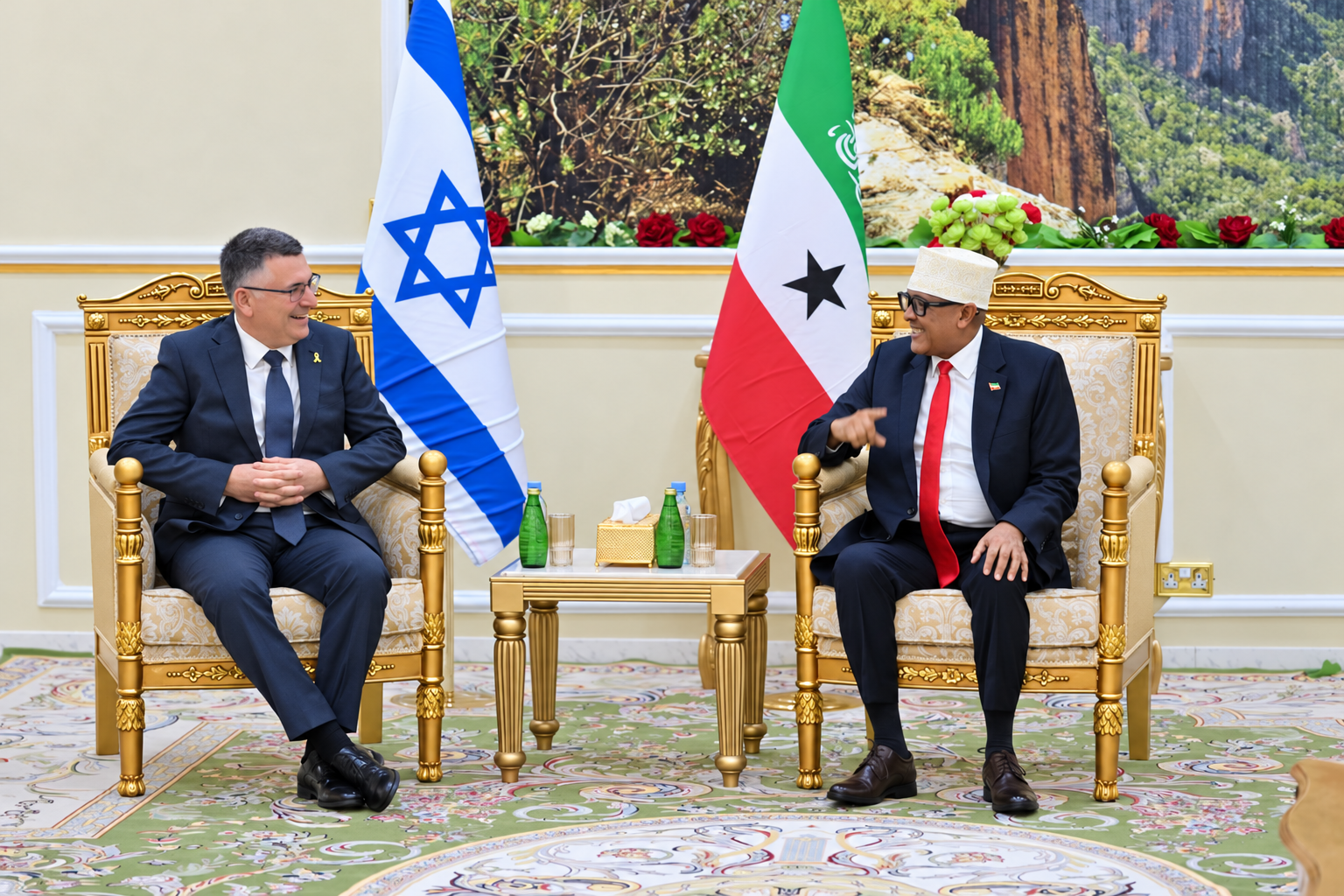 Somaliland president meeting an Israeli official, with the Israeli and Somaliland flags behind them