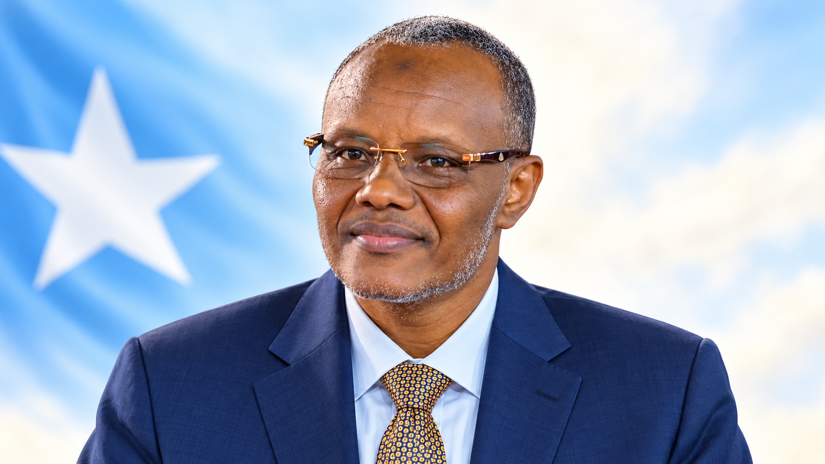 Bright editorial portrait illustration of former South West State president Abdiaziz Hassan Mohamed Laftagareen