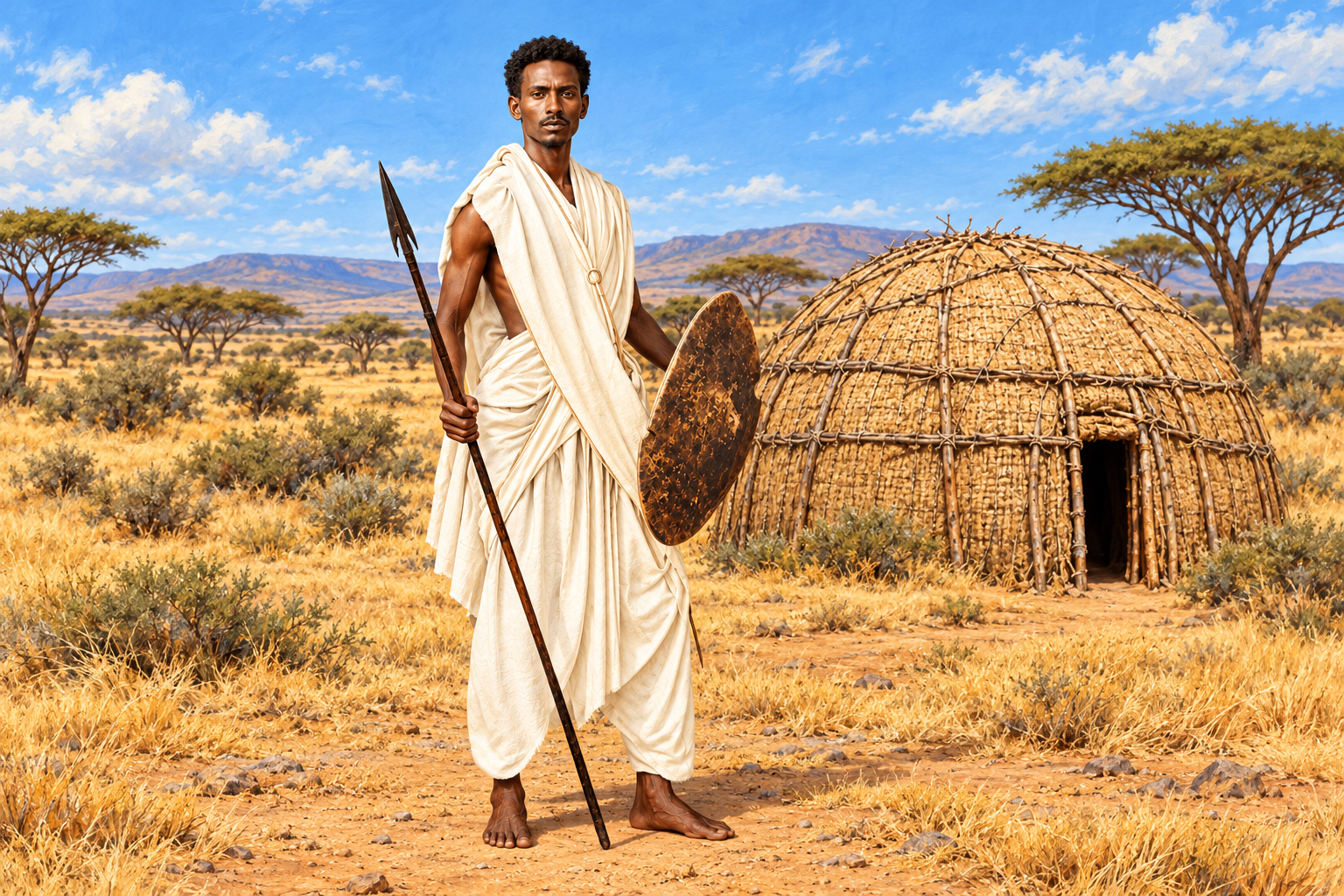 Horizontal 2D illustration of a Somali man in white draped cloth holding a spear and hide shield beside a rounded nomadic home in an acacia landscape