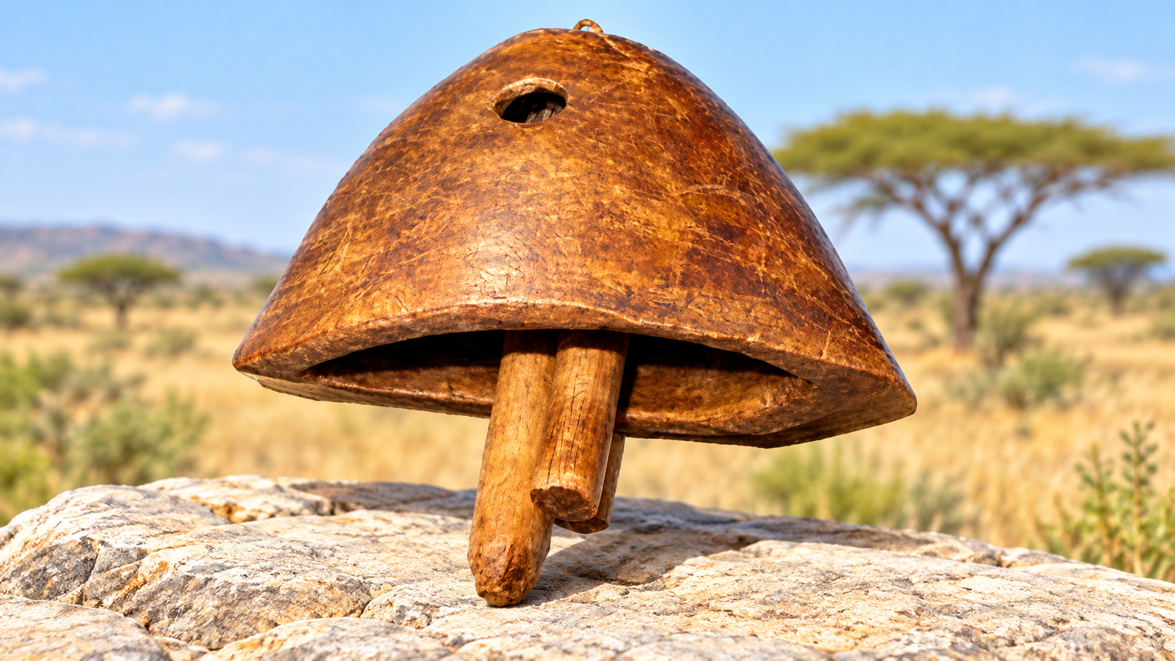 Warm brown Somali Koor wooden camel bell with two clappers against a bright acacia landscape