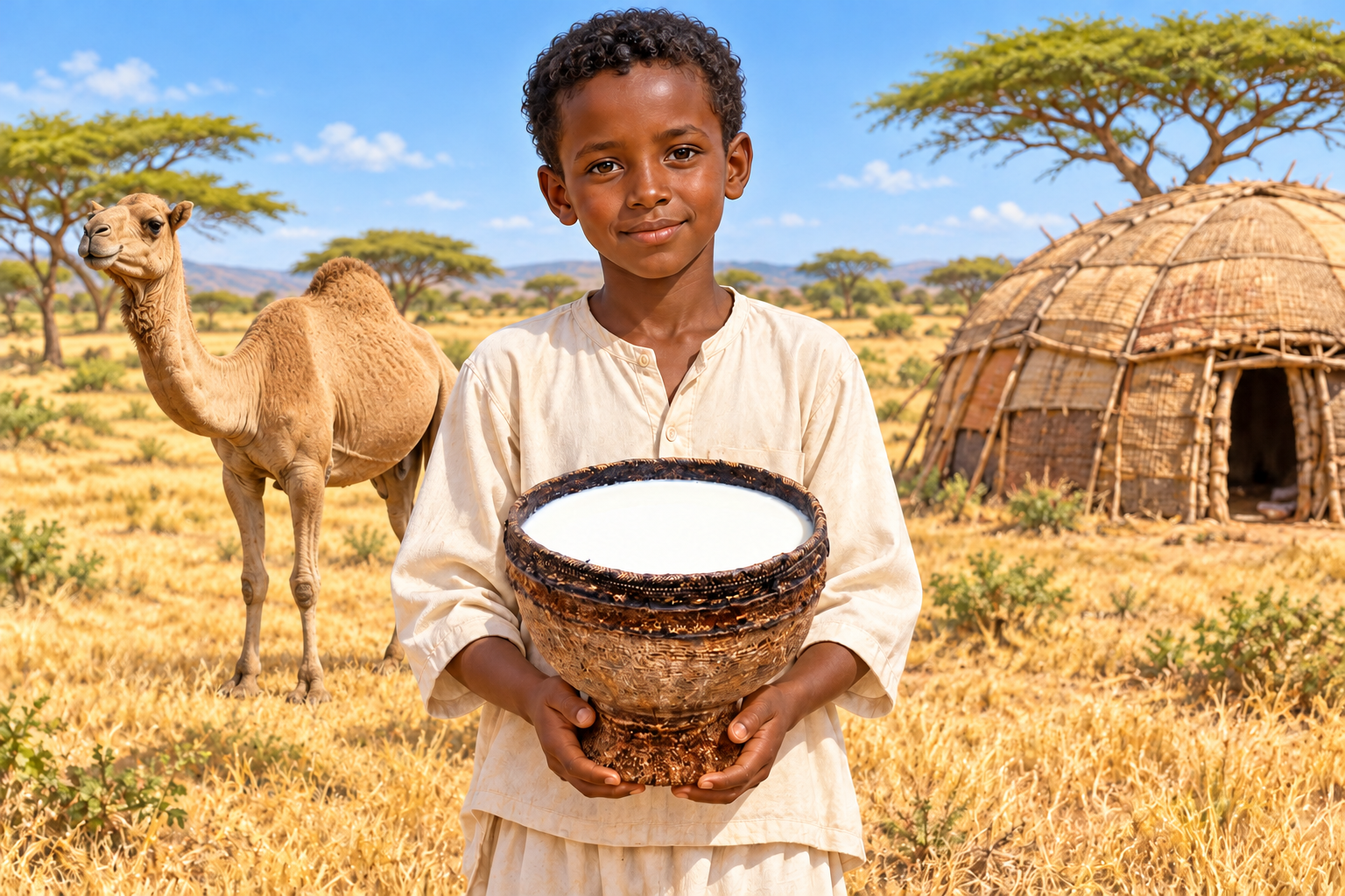 Young Somali boy holding a milk-filled Haduub with a camel and a nomadic home behind him