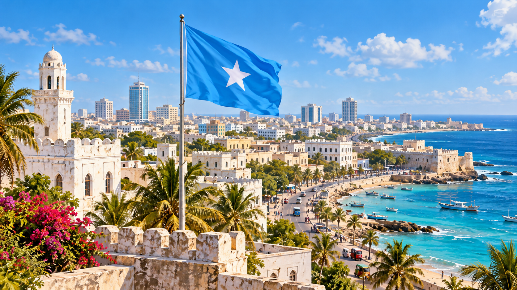 Bright editorial illustration of the Somali flag above Mogadishu’s coastal skyline.