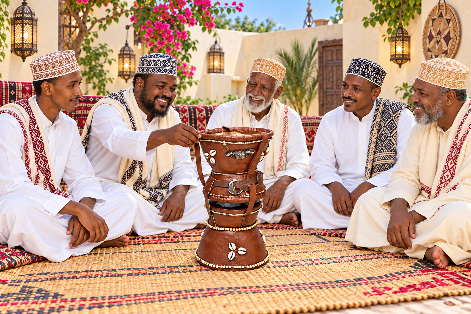 Five Somali men seated around a brown Xeedho decorated with cowrie shells and beads during an evening family gathering