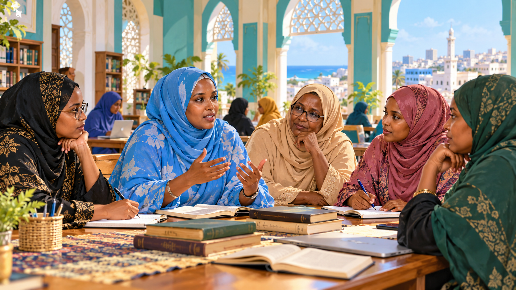 AI-generated illustration of Somali women scholars discussing education and community leadership.