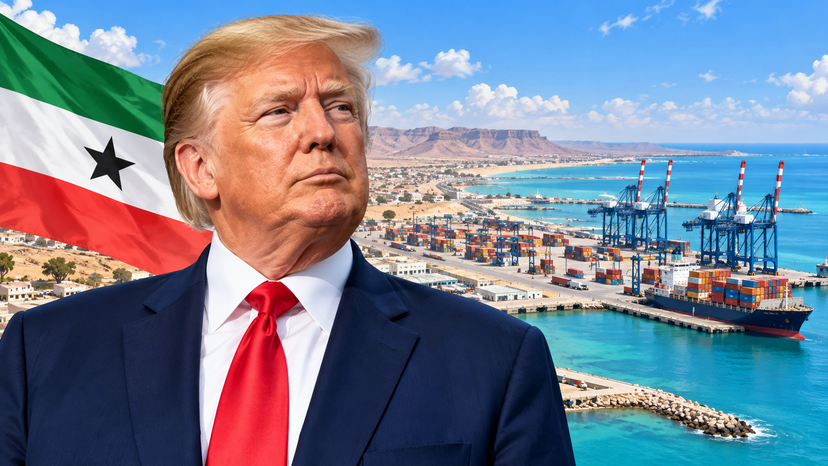 Editorial illustration of Donald Trump with the Somaliland flag and sunlit Berbera port