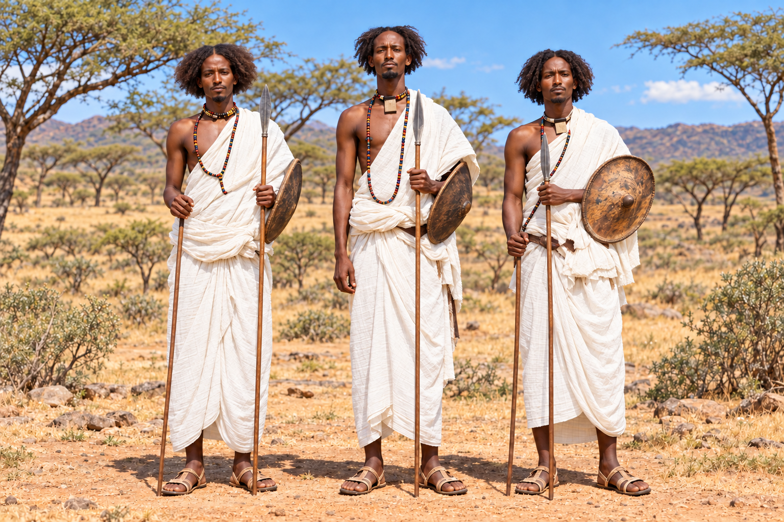 Artistic interpretation of three Somali men in white draped clothing, beaded necklaces and sandals, holding spears and round shields in an open acacia landscape