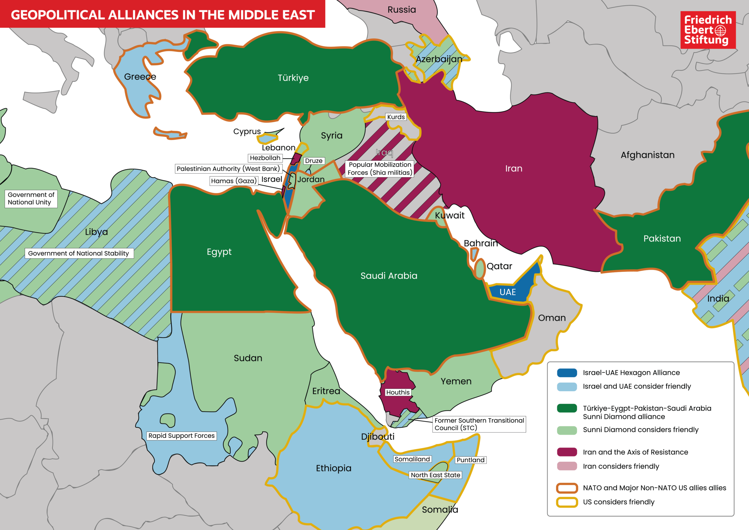 Geopolitical alliances map by Marc Saxer and Marcus Schneider, showing Somaliland and Puntland in a different alignment category from other parts of Somalia.