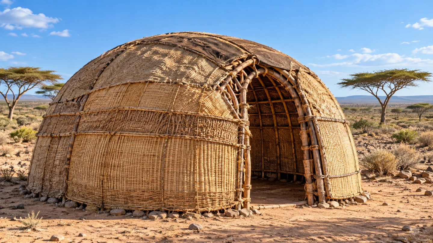 Interpretive illustration of an aqal Soomaali with woven coverings and a curved framework