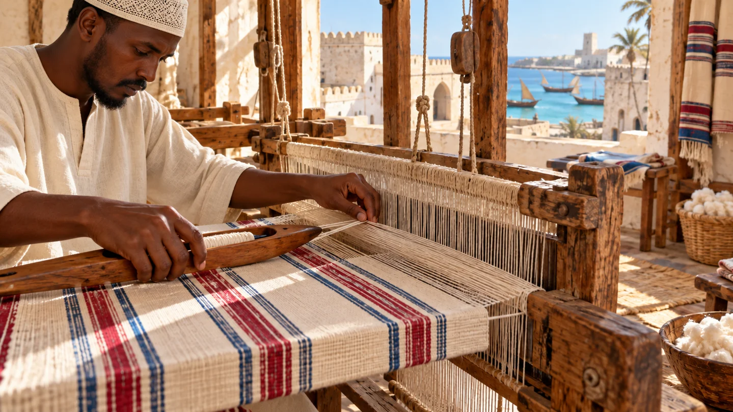 Interpretive illustration of a Somali artisan weaving striped Benaadir cotton cloth on a wooden loom