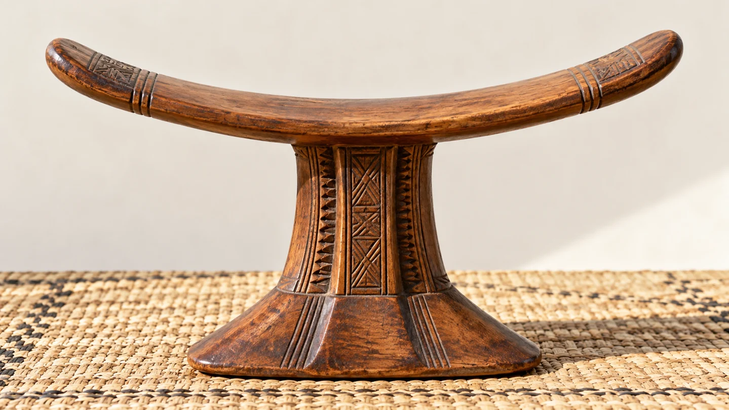 Interpretive illustration of a carved wooden Somali headrest on a woven mat