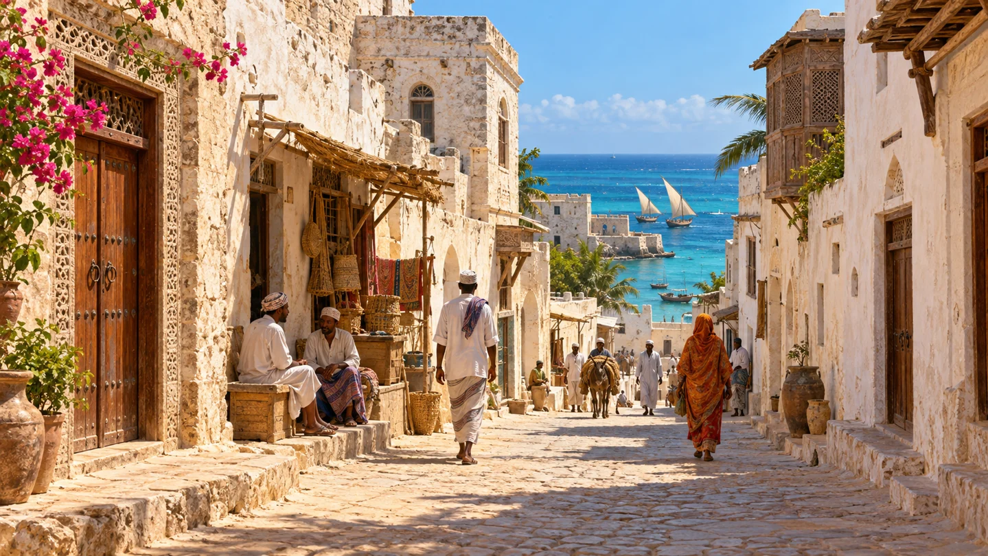 Interpretive illustration of a sunlit coastal street inspired by Old Mogadishu