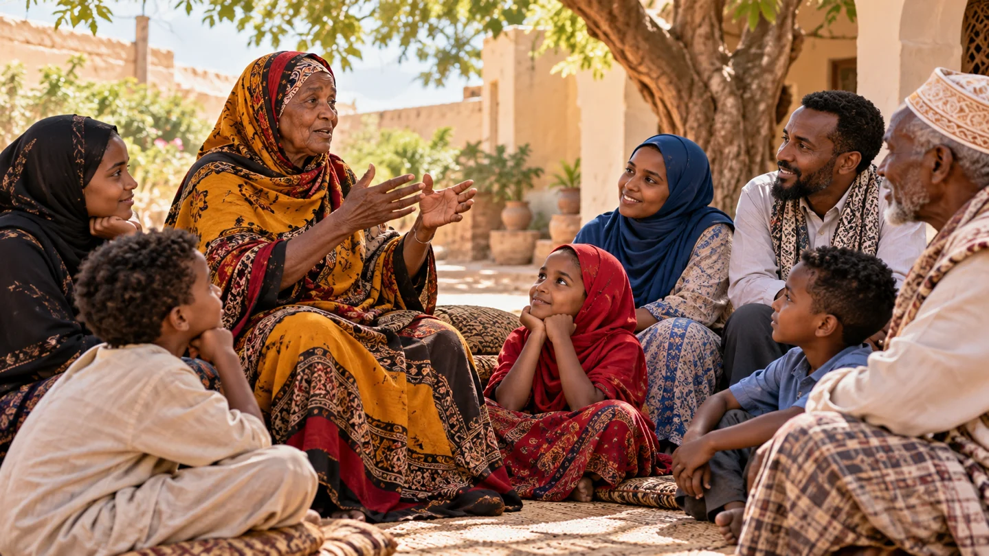 Interpretive illustration of an older Somali woman telling a story to a multigenerational group