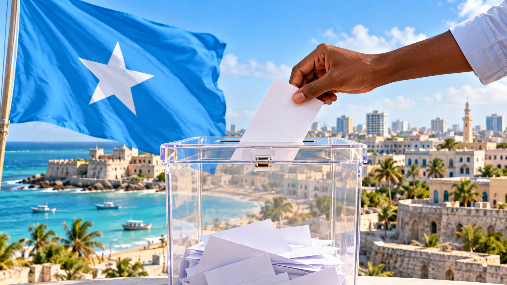 Editorial illustration of a ballot box, Somali flag and sunlit Mogadishu coastline